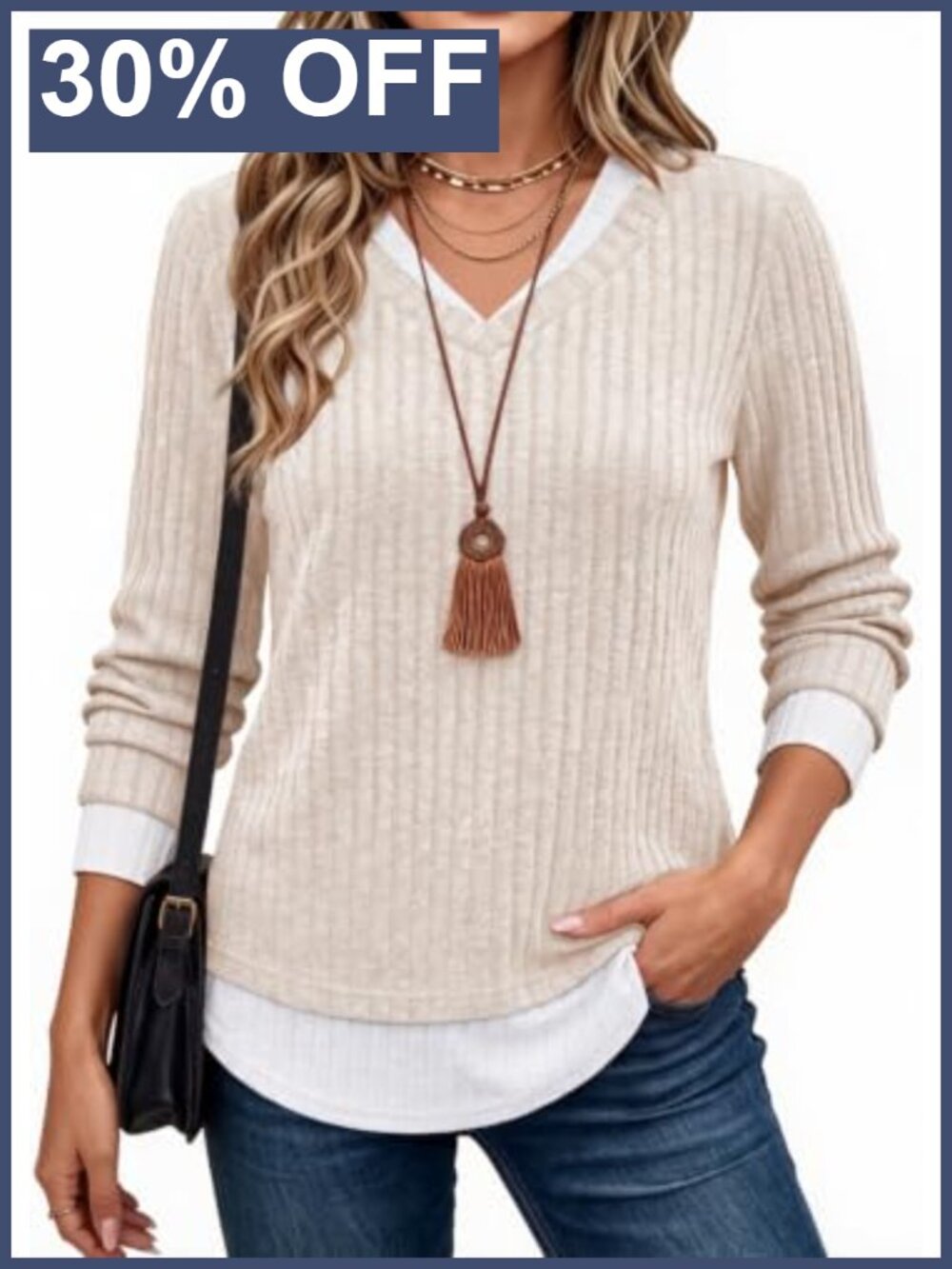 Womens Long Sleeve Tunic Sweater Lightweight Faux Layered V-Neck Casual Top